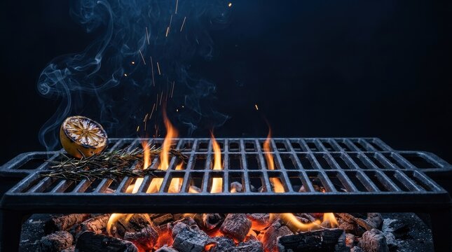 Glowing charcoal and burning wood beneath cast iron grill grate, smoky outdoor barbecue cooking scene, lemon and rosemary evening food photography