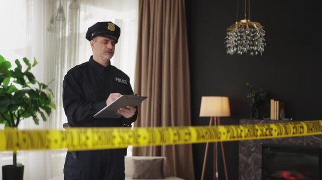 Middle-aged police officer documents crime details behind tape in apartment