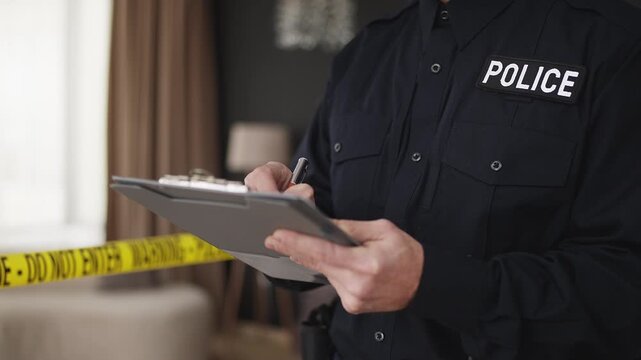 Police officer writes report while examining residential crime scene indoors