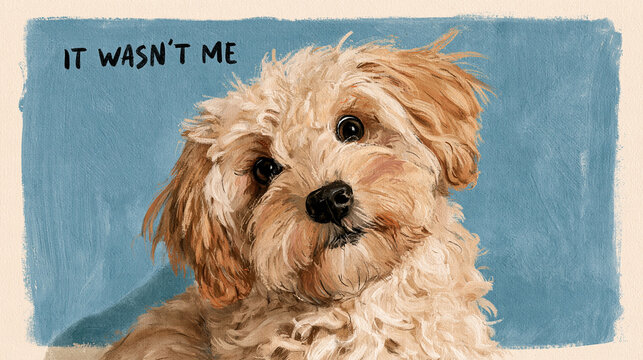 Malowniczy portret puszystego, jasnobrązowego szczeniaka o czarnych oczach na niebieskim tle, z żartobliwym, angielskim napisem "it wasn't me" w lewym g&oacute;rnym rogu, wykonany w malarskim stylu.