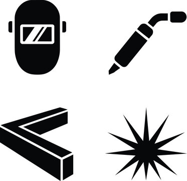 Welding mask, welding torch, steel angle iron, and spark burst glyph symbols in black silhouette for industrial fabrication, metalwork, construction