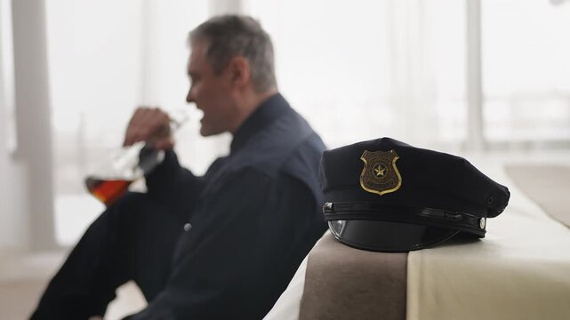 Overwhelmed police officer drinks alcohol to cope with emotional exhaustion