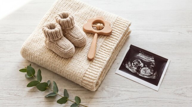 Newborn Arrival Preparation, A curated arrangement of baby essentials and a sonogram awaiting birth