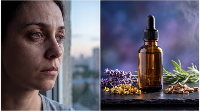 Natural Sleep Remedy, An amber dropper bottle resting on slate with soothing botanical elements