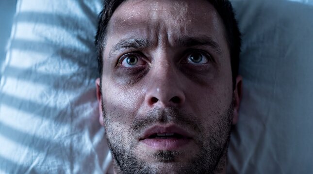 Severe Insomnia, A weary man lies awake in bed during the dead of night