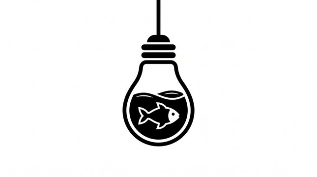 Minimalist black-and-white vector logo of a fish swimming inside a hanging light bulb filled with water, clean silhouette design, creative eco concept, modern icon, high contrast.