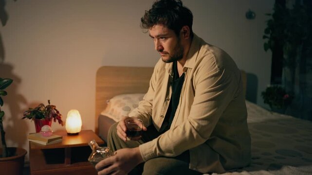 Depressed adult male sits on edge of bed holding liquor bottle and glass. Severe alcohol addiction