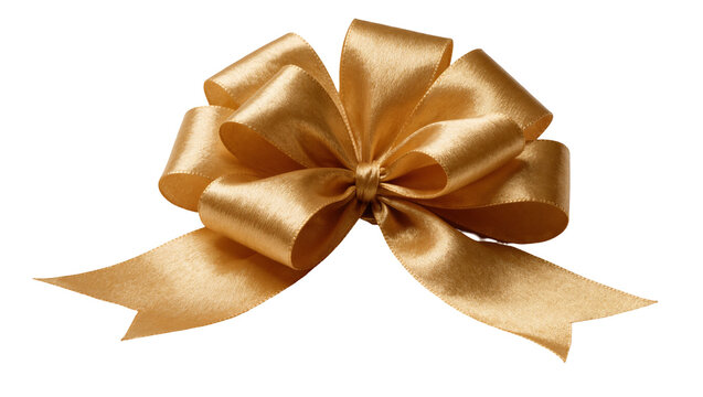Luxurious golden satin ribbon bow, isolated on transparent background for festive decorations