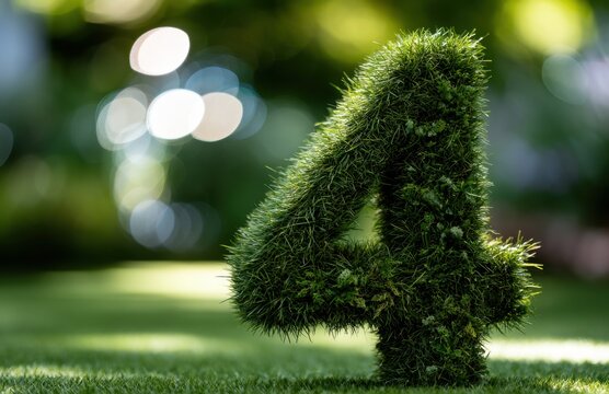 Number four shaped bush covered with lush green grass standing on vibrant lawn with bokeh lights in the background