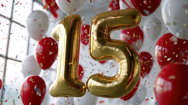 Gold foil balloons shaped as number fifteen surrounded by red and white balloons and colorful confetti celebrating a festive party indoors with natural light fr