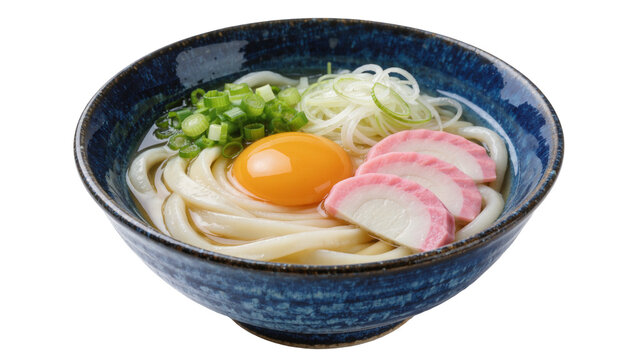 Thick udon noodles in broth with raw egg yolk narutomaki and green onions, isolated on transparent background