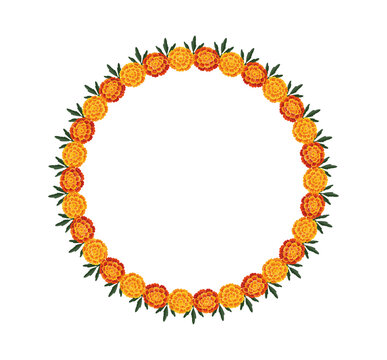 Yellow orange marigold floral wreath. Indian traditional floral festive garland toran. Zendu flowers isolated on background. Party decor for Halloween, Dia de los Muertos holiday. Vector illustration