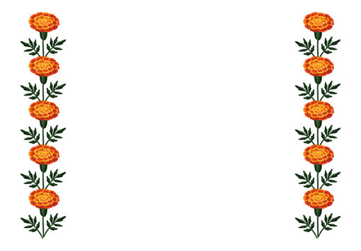 Orange Yellow Zendu Marigold Flower Vertical Borders, Traditional Indian Festive Floral Garland Toran for Diwali, Halloween, Dia de los Muertos holiday Celebration. Isolated Vector Illustration, space