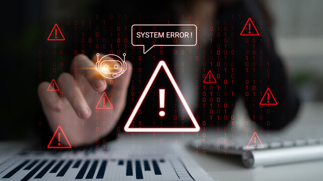 A woman in an office reacts to a system error displayed on her screen. The image features digital warning signals, showcasing the intersection of technology and user experience. Cyphers