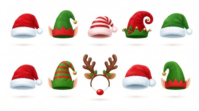 Christmas hats. Festive Santas red cap, elf hat with ears and Xmas deer antlers winter holidays party decoration elements vector illustration set