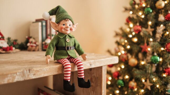 A cute elf toy sitting on a shelf, with a softly blurred Christmas tree in the background, creating a warm and festive atmosphere perfect for the holiday season