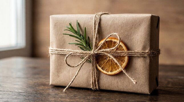 Sustainable Gift Wrapping, An eco-friendly gift package wrapped in brown kraft paper with natural jute twine