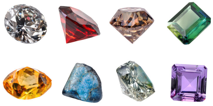 Assorted realistic gemstones and diamonds set on transparent background PNG