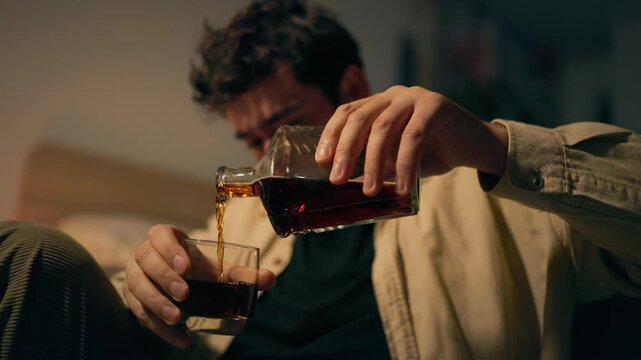 Alcoholism crisis leads solitary adult man to hold whiskey decanter on bed. Acute life suffering
