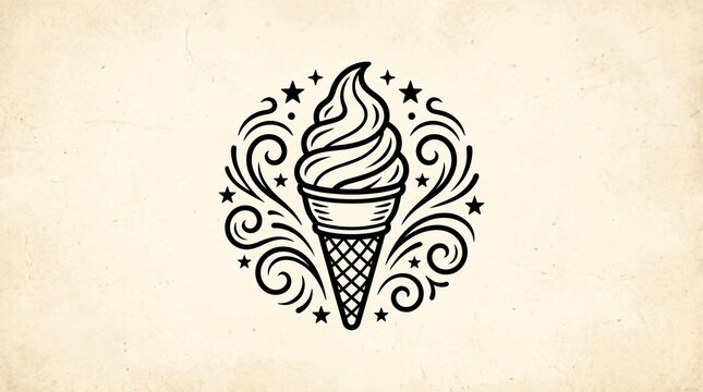 Retro ice cream shop logo design with swirl pattern and stars on a