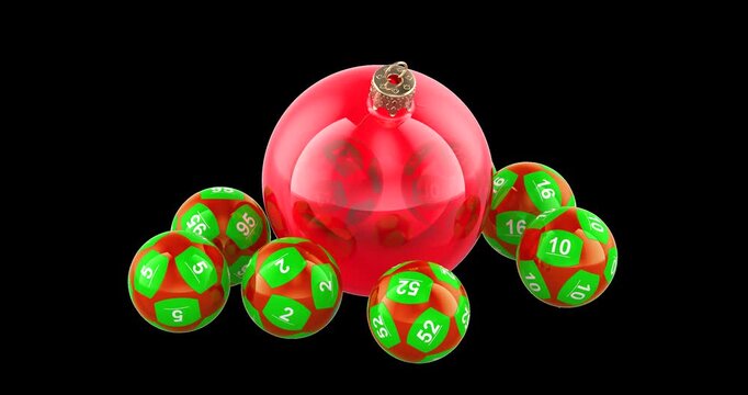 Christmas lottery balls and red ornament rotation animation seamlessly loopable. 3D rendering isolated on transparent background