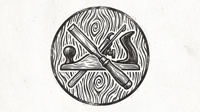 Woodworking logo design with vintage hand plane and chisel tools in a