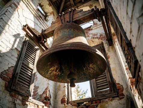 Large antique bronze church bell hangs in old abandoned belfry. Rusty metal bell inside historic bell tower with broken windows. Ancient religious architecture shows weathered brick walls, wooden