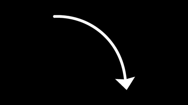 Stroke and Fill Breathing Seamless Loop of White curved arrow pointing downwards representing direction change or a process step with Transparent Alpha Channel for Motion Graphic