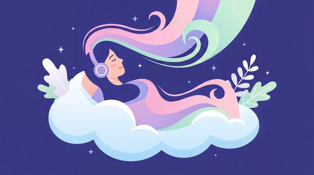 Sonic Serenity, A peaceful individual floats on a cloud while listening to music