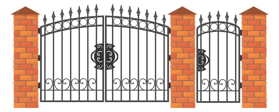 Decorative gates in brick barrier. Antique retro doorway