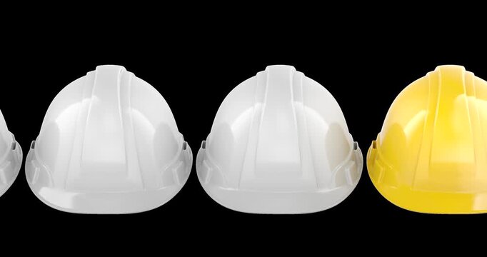 Row of white hard hats with one yellow helmet, camera moving along animation seamlessly loopable. 3D rendering isolated on transparent background