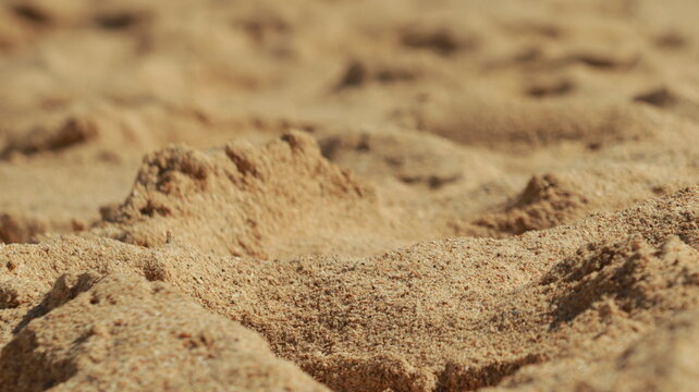 Natural golden brown sand grains on a summer beach with low angle perspective and blurred background texture