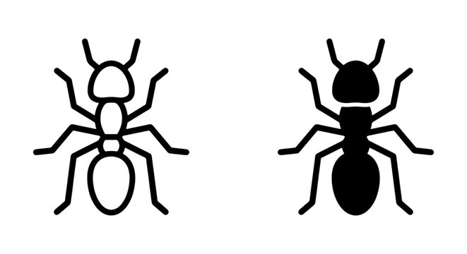 Ant icons set with filled and outline shapes for insect or bug themes
