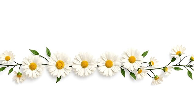 A beautiful horizontal border made of fresh white daisy flowers with green leaves on stems