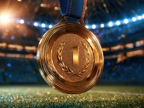 Gold first-place medal with laurel wreath on ribbon, against blurred stadium lights and seating, symbolizing victory and achievement in sports.