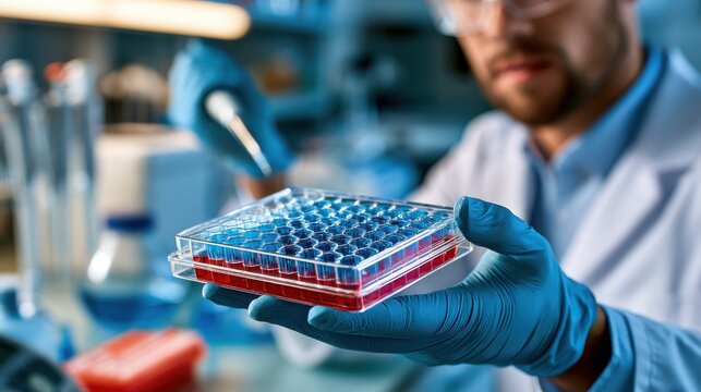 Laboratory researcher examines microplate with samples in clinical lab setting, showcasing scientific analysis. Suitable for health or education concepts.