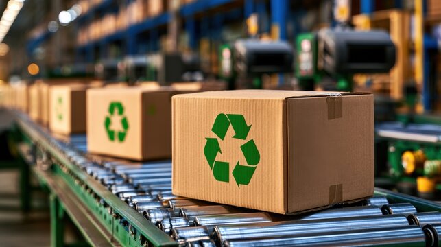 Recycled cardboard boxes with green logos move on a conveyor in a distribution warehouse. Ideal for sustainability and logistics concepts.