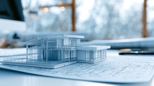 Architectural blueprint featuring a modern house design model on a desk with blurred background showing office surroundings and construction plans