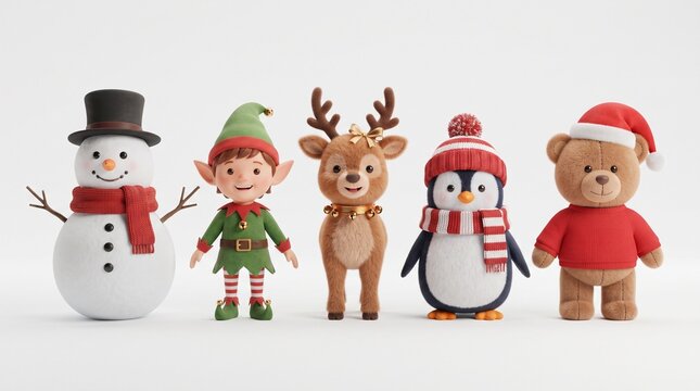 Christmas characters snowman elf reindeer penguin and teddy bear