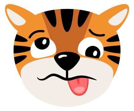 Woozy tiger face cartoon emoji. Funny expression head
