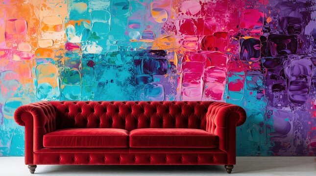 Red velvet Chesterfield sofa stands against colorful abstract wall. Vibrant tufted couch sits in front of bright painted background with blue pink, orange colors. Luxury furniture piece creates bold