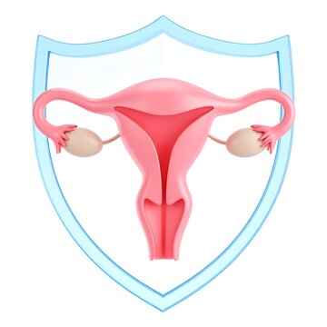 Anatomical illustration of a uterus and ovaries within a protective shield