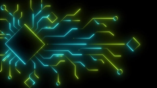 Abstract futuristic digital network with glowing neon connected by lines cyan yellow lines.Abstract digital dot line particle data background connecting technology concept Motherboard circuit pattern