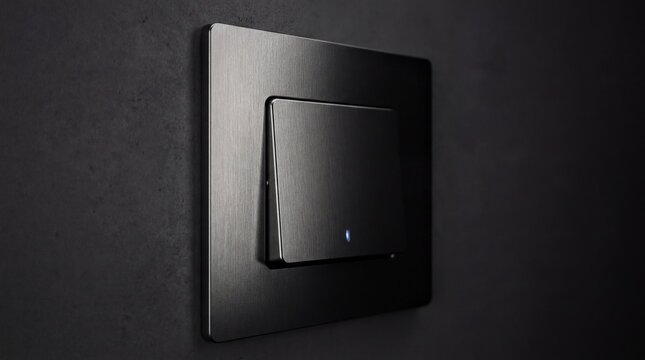 Minimalist Light Switch, A sleek gunmetal gray light switch mounted on a dark textured wall