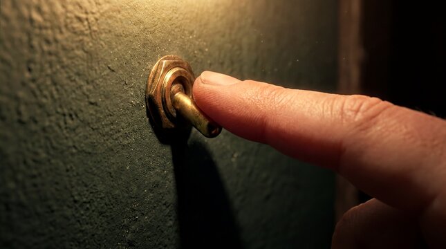 Evening Transition, A human finger flips a vintage brass toggle switch on a green plaster wall