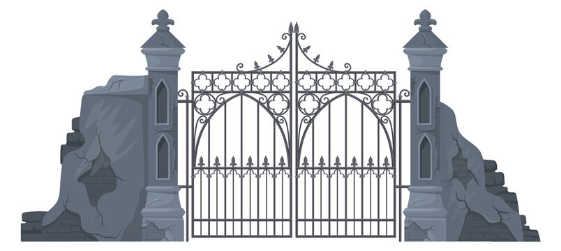 Castle gothic gates with broken stone barrier cartoon icon