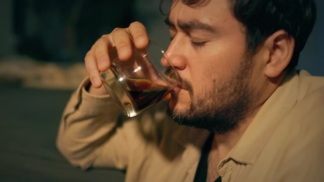 Solitary drinker adult male drinks whiskey on floor leaning on mattress. Deep regret and sadness