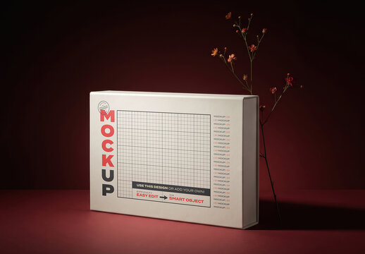 Luxury Gift Box Red Background and Flower Mockup