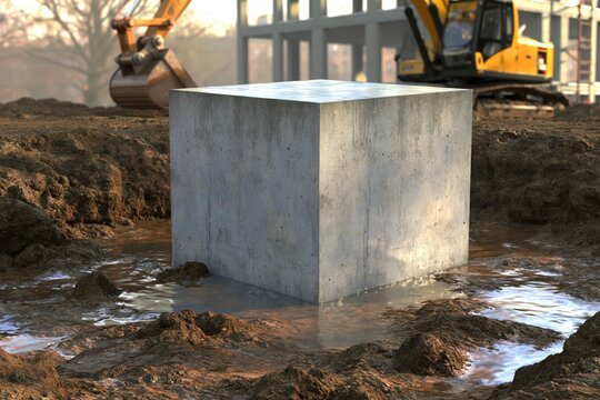 Large concrete foundation block installed in muddy construction site with excavation machinery and building framework in background during early work phase