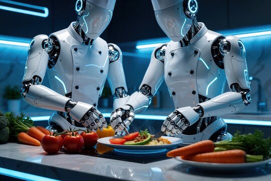 Two futuristic white humanoid robots cook dinner in modern smart kitchen. AI robotic chefs prepare fresh vegetables, healthy meal on plate. Advanced android assistants work with food using high tech